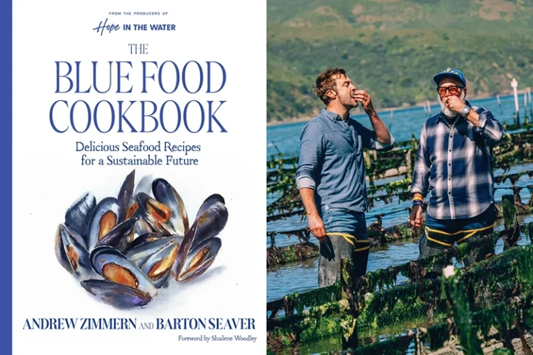 This combination of images released by Harvest, an imprint of HarperCollins Publishers, shows cover art for “The Blue Food Cookbook: Delicious Seafood Recipies for a Sustainable Future,” left, and a photo of co-authors Barton Seaver, left, and Andrew Zimmern. (Harvest via AP, left, and Eric Wolfinger via AP)