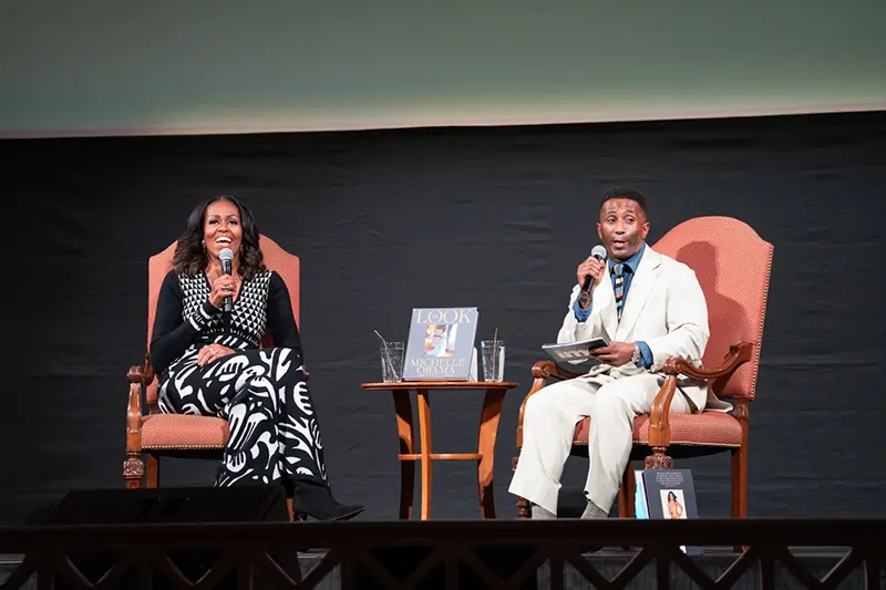 Former first lady Michelle Obama speaks with Wesley Morris about her new book “The Look” during an event at Sixth and I, Wednesday, Nov. 12, 2025, in Washington. (AP Photo/Allison Robbert)