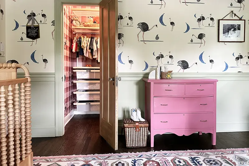 Chicago-based interior designer Elise Metzger found this dresser years ago at a roadside shop near her college in NH. It’s had other colors, mosaics on top, and different handles over the years, but now wears a cheerful pink (Benjamin Moore’s Raspberry Glace) and sits in her daughter’s room. (Elise Metzger via AP)