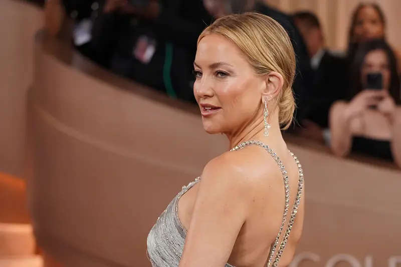 Kate Hudson arrives at the 83rd Golden Globes on Sunday, Jan. 11, 2026, at the Beverly Hilton in Beverly Hills, Calif. (Photo by Jordan Strauss/Invision/AP)