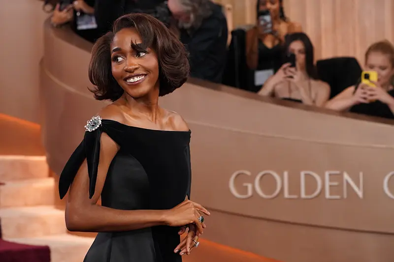 Ayo Edebiri arrives at the 83rd Golden Globes on Sunday, Jan. 11, 2026, at the Beverly Hilton in Beverly Hills, Calif. (Photo by Jordan Strauss/Invision/AP)
