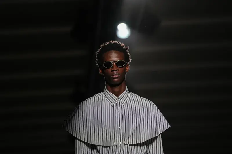 A model wears a creation as part of the Dries Van Noten Fall/Winter 2026-2027 Men’s collection presented in Paris, Thursday, Jan. 22, 2026. (AP Photo/Aurelien Morissard)