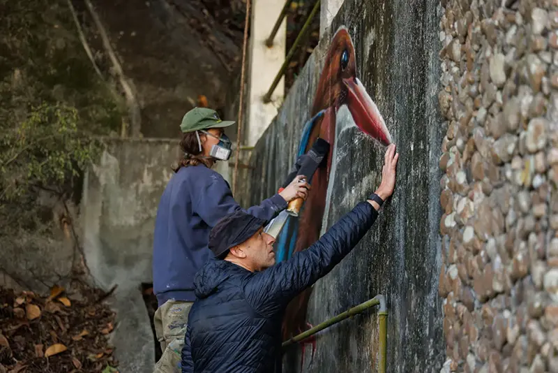 Dominic Johnson-Hill looks at a white-throated kingfisher mural being painted by Rob Aspire near Wang Tong village, Lantau, Hong Kong, Jan. 27, 2025. (AP Photo/May James)