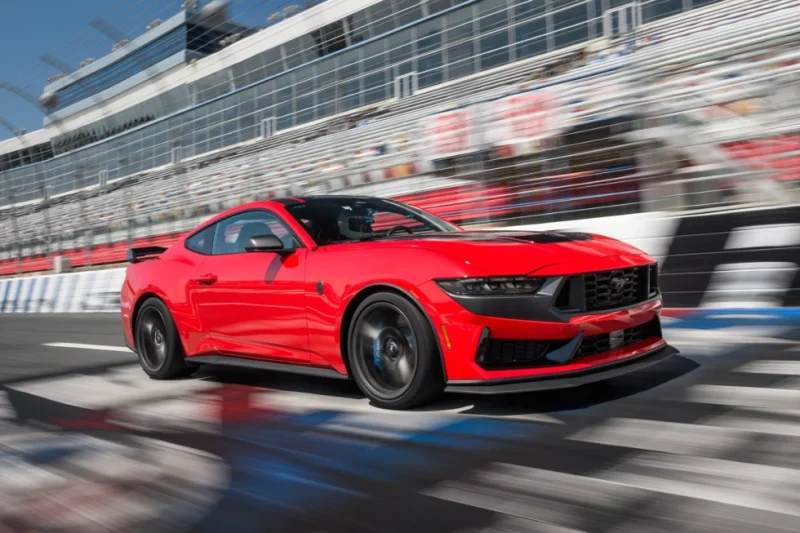 This photo provided by Ford shows the 2026 Mustang Dark Horse. With a 500-horsepower V8 and a tech-filled interior, the Dark Horse is an impressive performance coupe. (Courtesy of Ford Motor Co. via AP)
