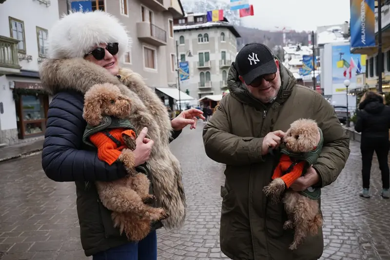 Husband and wife, Christina and Roberto, pose for a photo with their poodles, Gualtiero, left, and Leone, wearing customised Loro Piana jackets, in Cortina d’Ampezzo, Italy, on Saturday, Feb. 14, 2026. (AP Photo/Alessandra Tarantino)