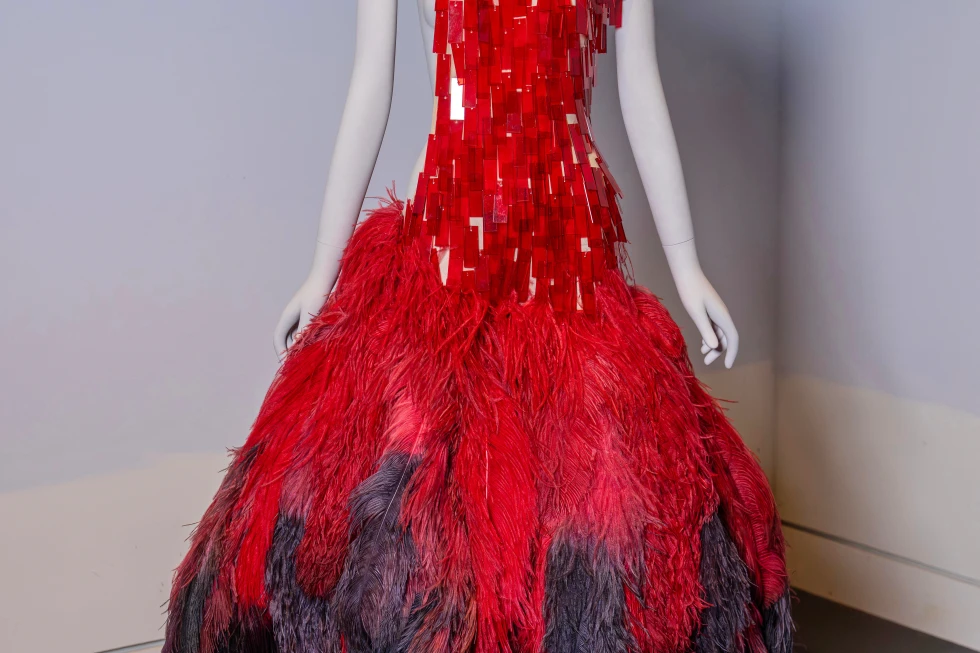 An Alexander McQueen dress is displayed in preparation for The Metropolitan Museum of Art’s spring exhibition, “Costume Art,” on Thursday, Feb. 12, 2026, in New York. (Photo by Charles Sykes/Invision/AP)