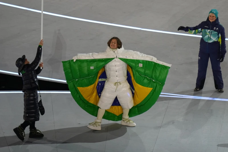 Lucas Pinheiro Braathen attends the Olympic opening ceremony at the 2026 Winter Olympics, in Milan, Italy, Friday, Feb. 6, 2026. (AP Photo/Stephanie Scarbrough)