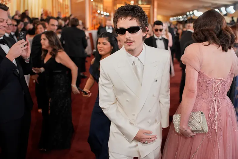 Timothee Chalamet arrives at the Oscars on Sunday, March 15, 2026, at the Dolby Theatre in Los Angeles. (AP Photo/John Locher)