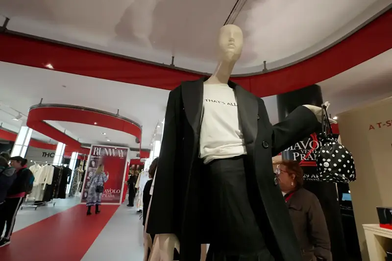 Visitors enjoy an installation of the new movie ‘The Devil Wears Prada 2' at La Rinascente shopping center, in Milan, Italy, Monday, April 20, 2026. (AP Photo/Luca Bruno)