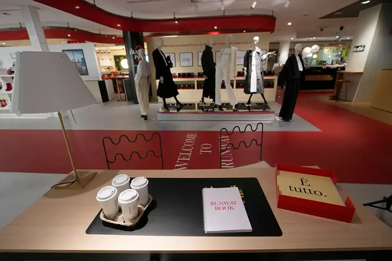 An installation of the new movie ‘Devil Wears Prada 2' is displayed at La Rinascente shopping center, in Milan, Italy, Monday, April 20, 2026. (AP Photo/Luca Bruno)