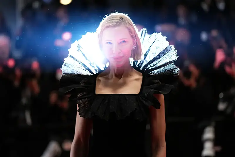 Cate Blanchett poses for photographers upon arrival at the premiere of the film ‘Paper Tiger’ at the 79th international film festival, Cannes, southern France, Saturday, May 16, 2026. (Photo by Scott A Garfitt/Invision/AP)