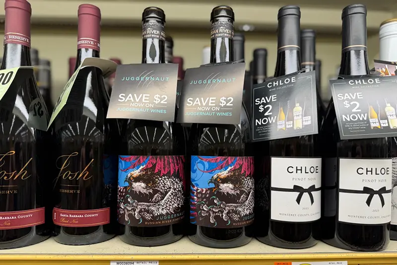 A variety of pinot noir wines, from left, Josh Cellars Reserve, Juggernaut, and Chloe, are displayed at a grocery store in Concord, N.H. on June 8, 2026. (J.M. Hirsch via AP)