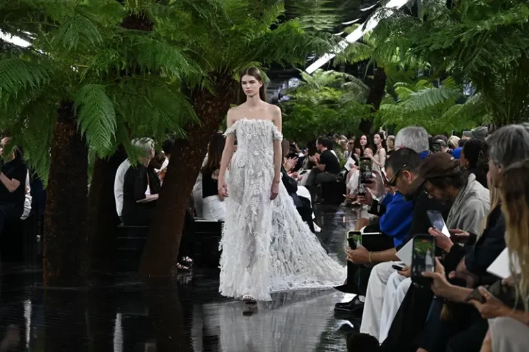 A model wears a creation as part of the Christian Dior Haute Couture Fall/Winter 2026-2027 Women’s collection presented in Paris, Monday, July 6, 2026. (AP Photo/Emma Da Silva)
