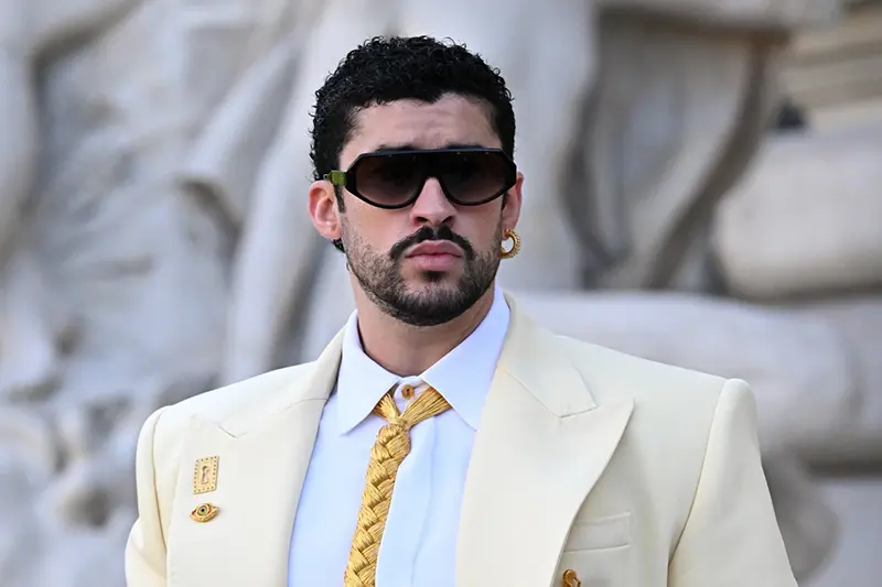 Bad Bunny arrives for the Schiaparelli Haute Couture Fall/Winter 2026-2027 Women’s collection presented in Paris, Monday, July 6, 2026. (AP Photo/Emma Da Silva)