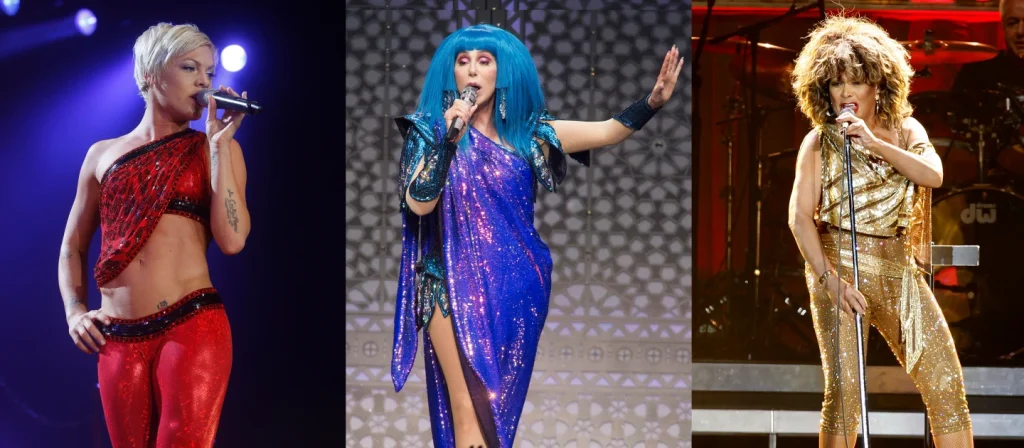 This combination of photos show Bob Mackie fashion on, from left, Pink performing in Manchester, England, on April 25, 2009, Cher performing in Philadelphia on Dec. 6, 2019, and Tina Turner performing in London on March 3, 2009. (AP Photo)