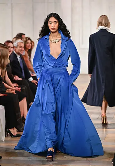 A model walks the runway during the Ralph Lauren Spring/Summer 2027 presentation as part of New York Fashion Week on Wednesday, Sept. 9, 2026, in New York. (Photo by Evan Agostini/Invision/AP)