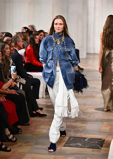 A model walks the runway during the Ralph Lauren Spring/Summer 2027 presentation as part of New York Fashion Week on Wednesday, Sept. 9, 2026, in New York. (Photo by Evan Agostini/Invision/AP)