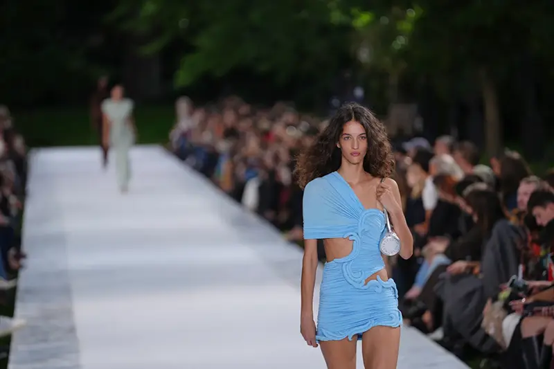 A model wears a creation as part of the Stella McCartney Womenswear Spring Summer 2027 collection presented in Paris, France, Wednesday, Sept. 30, 2026. (AP Photo/Aurelien Morissard)