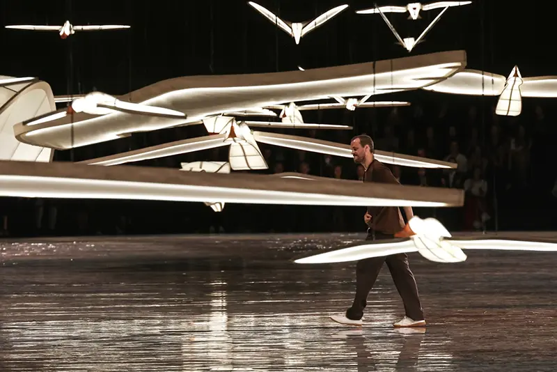 Designer Matthieu Blazy accepts applause after the Chanel Womenswear Spring Summer 2027 collection presented in Paris, France, Monday, Oct. 5, 2026. (AP Photo/Thomas Padilla)