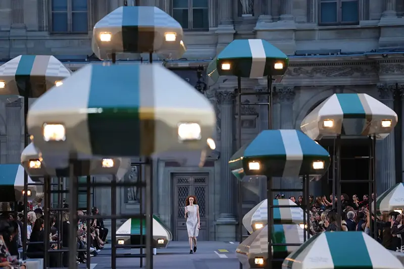 A model wears a creation as part of the Louis Vuitton Womenswear Spring Summer 2027 collection presented in Paris, France, Tuesday, Oct. 6, 2026. (AP Photo/Aurelien Morissard)