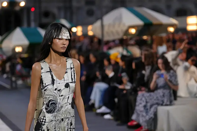 A model wears a creation as part of the Louis Vuitton Womenswear Spring Summer 2027 collection presented in Paris, France, Tuesday, Oct. 6, 2026. (AP Photo/Aurelien Morissard)