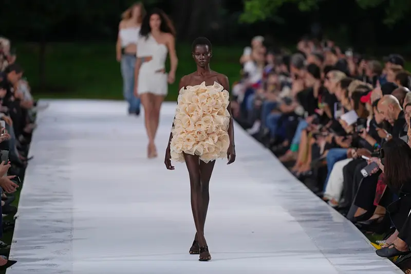 A model wears a creation as part of the Stella McCartney Womenswear Spring Summer 2027 collection presented in Paris, France, Wednesday, Sept. 30, 2026. (AP Photo/Aurelien Morissard)
